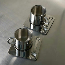 Industrial stainless steel coffee cup set with matching saucer and spoon