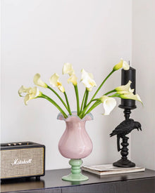 Purple glass flower vase for fresh or artificial floral arrangements