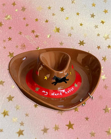 Cowboy hat-shaped ceramic snack tray with built-in dip bowl and horse motif