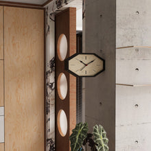 Octagon dual-sided corner clock with geometric wood and acrylic design