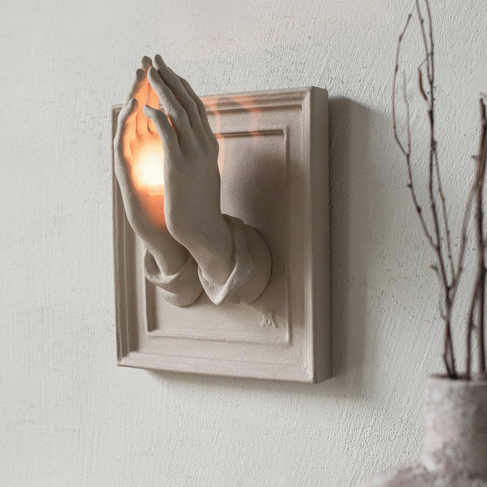 Beige resin prayer hands candle holder for tabletop or wall decor