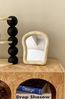 Beige toast-shaped ceramic mirror for desk, vanity, or home decor