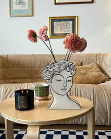 Muse Face Ceramic Vase with line-art portrait design