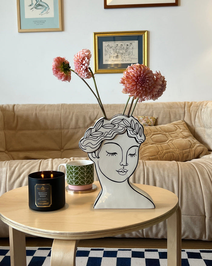 Muse Face Ceramic Vase with line-art portrait design