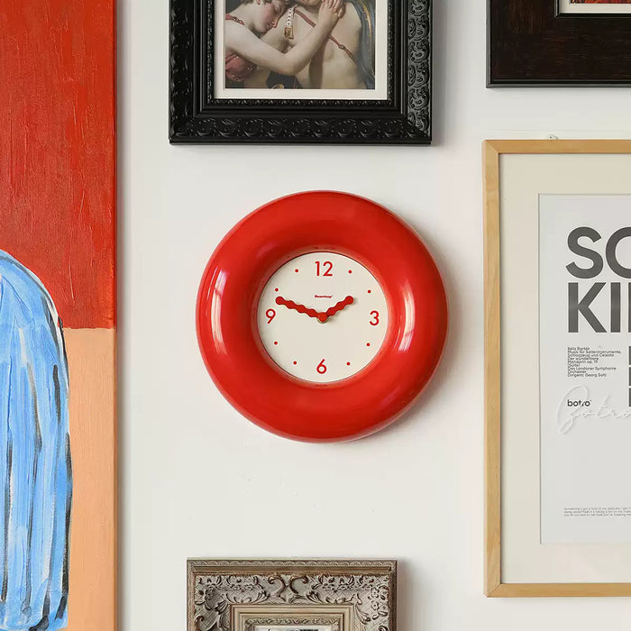 12-inch red bagel-inspired wall clock with minimalist dial