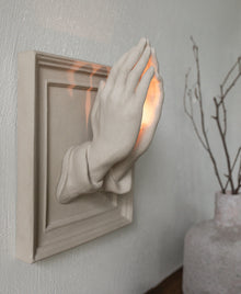Beige resin prayer hands candle holder for tabletop or wall decor