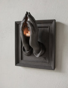 Beige resin prayer hands candle holder for tabletop or wall decor