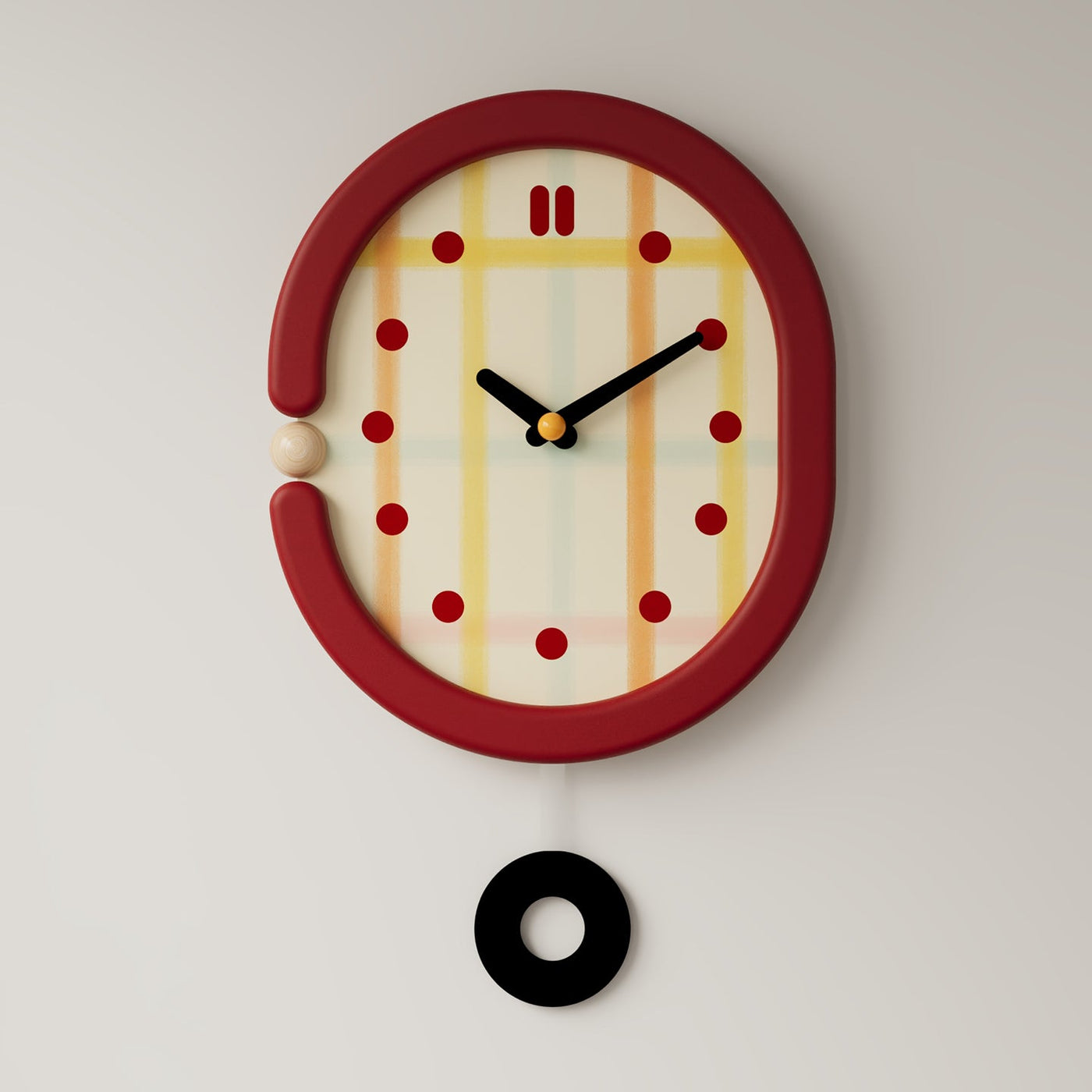 Red grid wall clock with pendulum and retro dot hour markers