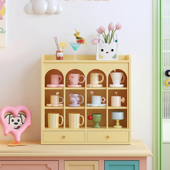Japanese-style brown wooden mug rack for organising mugs, cups, and small bowls