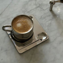 Industrial stainless steel coffee cup set with matching saucer and spoon