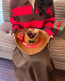 Cowboy hat-shaped ceramic snack tray with built-in dip bowl and horse motif