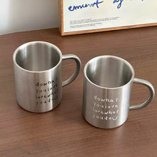 Stainless steel letter mug with black English text