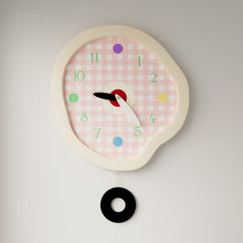 Cream gingham wall clock with wavy frame and colourful dot hour markers