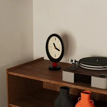 Retro oval wooden desktop clock with red sphere base in black