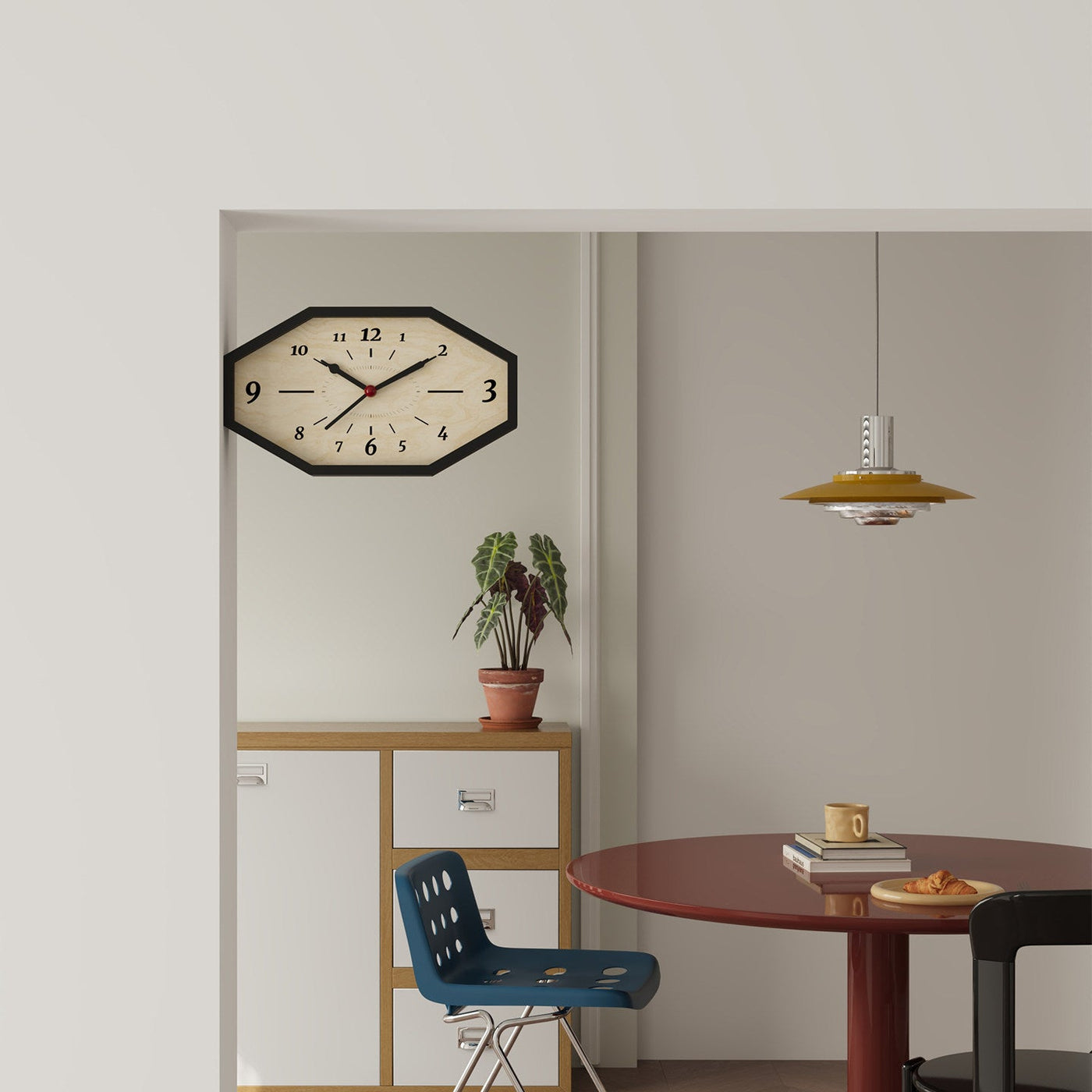 Octagon dual-sided corner clock with geometric wood and acrylic design