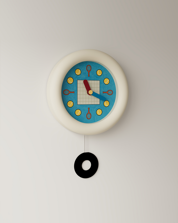 Tennis-inspired wall clock with racket and ball hour markers and pendulum