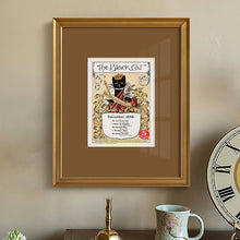 Vintage cat poster wall art featuring a feline in a ruffled collar with a red polka-dot bow