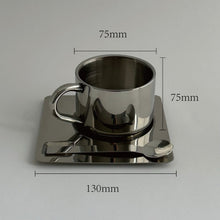 Industrial stainless steel coffee cup set with matching saucer and spoon