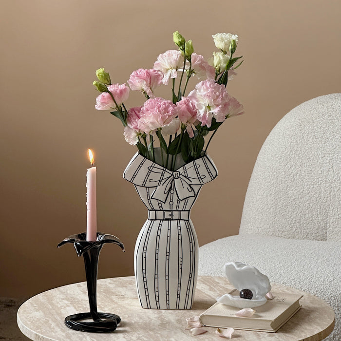 White dress-inspired ceramic vase with black hand-painted line detail