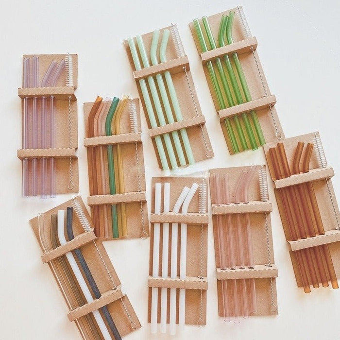 Colorful glass reusable straw set with cleaning brush