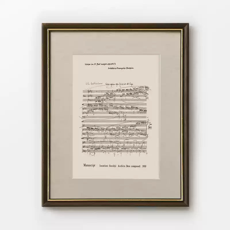 Vintage Minute Waltz sheet music wall art in a vertical solid wood frame with gold accents