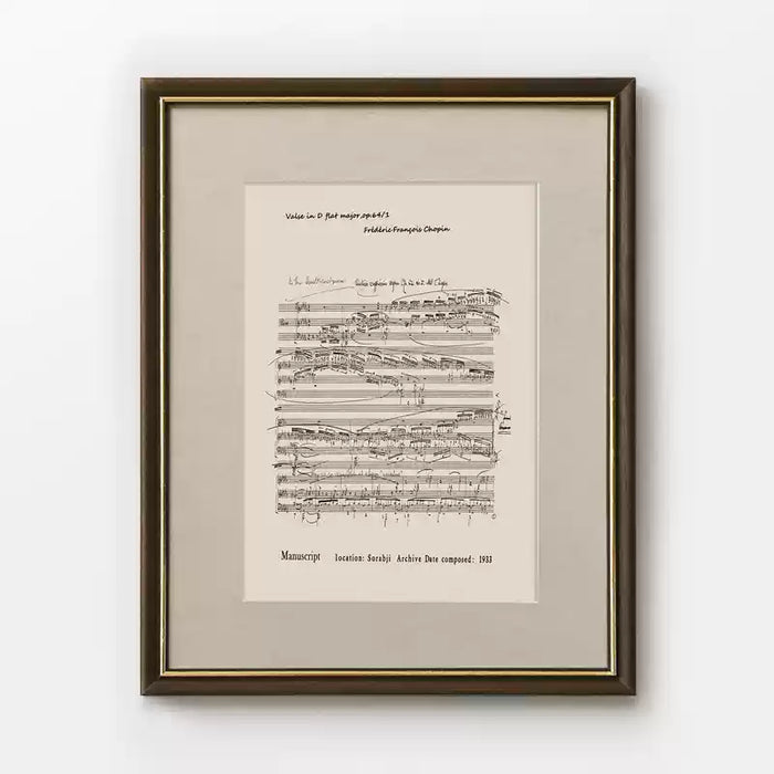 Vintage Minute Waltz sheet music wall art in a vertical solid wood frame with gold accents