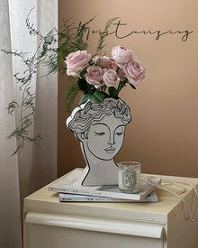 Muse Face Ceramic Vase with line-art portrait design