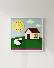 Sheep and house decorative wall clock with playful farm-inspired design