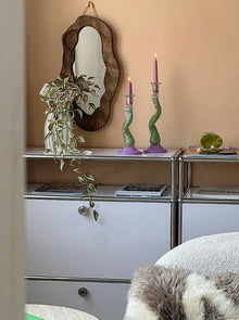 Iridescent glass taper candle holder with twisted stem in green and purple tones