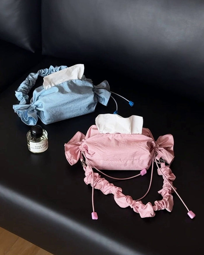 Baby blue candy-shaped nylon tissue holder bag with drawstring design