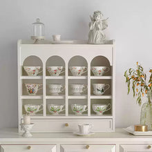 Japanese-style brown wooden mug rack for organising mugs, cups, and small bowls