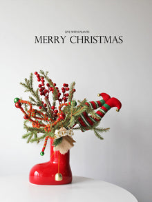 Red boot-shaped ceramic flower vase for home decor