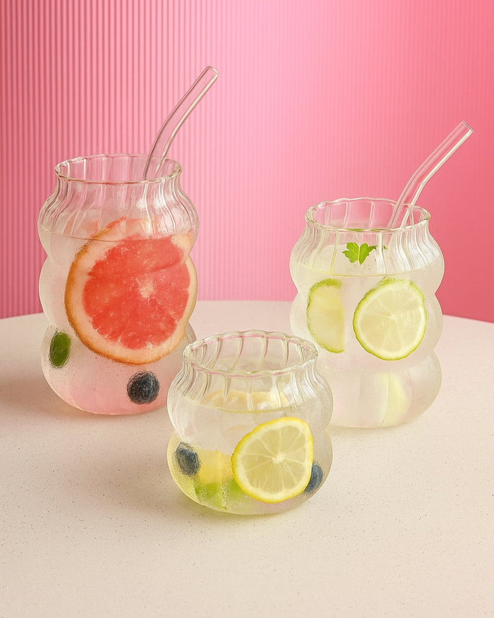 Clear glass coffee cup with matching straw for iced drinks