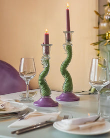 Iridescent glass taper candle holder with twisted stem in green and purple tones