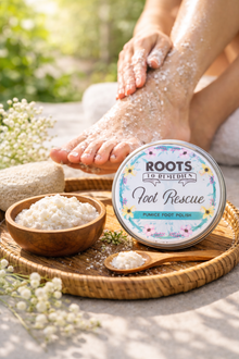 Jar of Foot Rescue mineral foot scrub for dry, tired feet