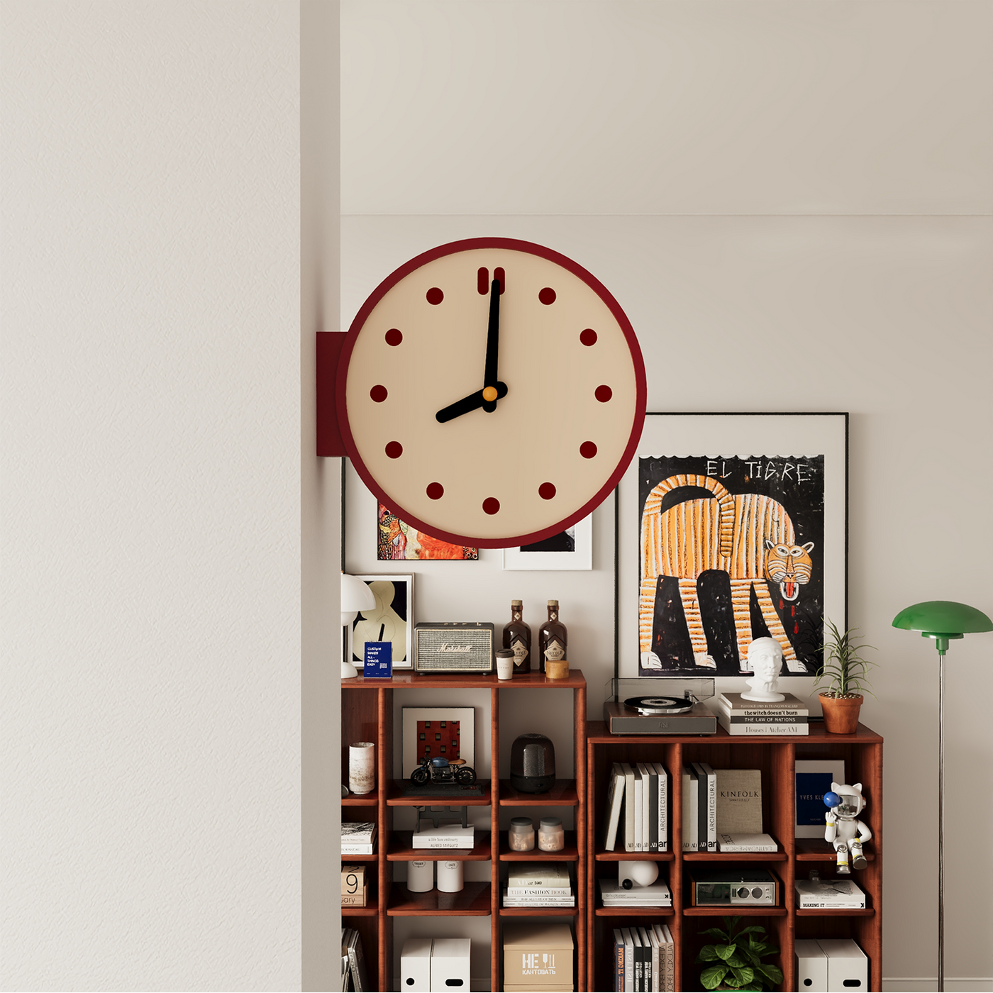 Double-sided corner wall clock with dot marker dial