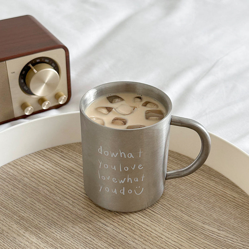 Stainless steel letter mug with black English text
