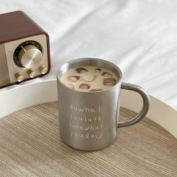 Stainless steel letter mug with black English text