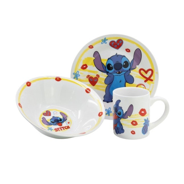 Stitch 3 részes kerámia étkészlet lapostányérral, mélytányérral és bögrével