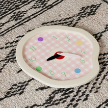 Cream gingham wall clock with wavy frame and colourful dot hour markers
