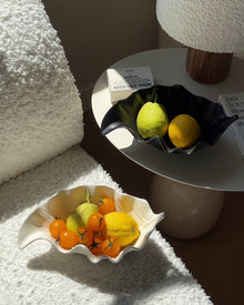 White ripple leaf ceramic tray with sculptural wavy shape