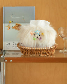 White fluffy dog tissue box cover with decorative bow clips