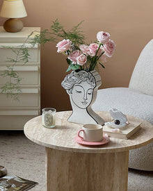 Muse Face Ceramic Vase with line-art portrait design