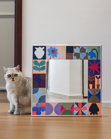 Bauhaus style square art wall mirror with hand-painted graphic tile border
