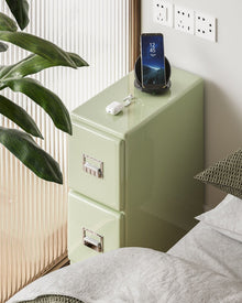 Matcha green narrow bedside cabinet with two drawers and metallic handles