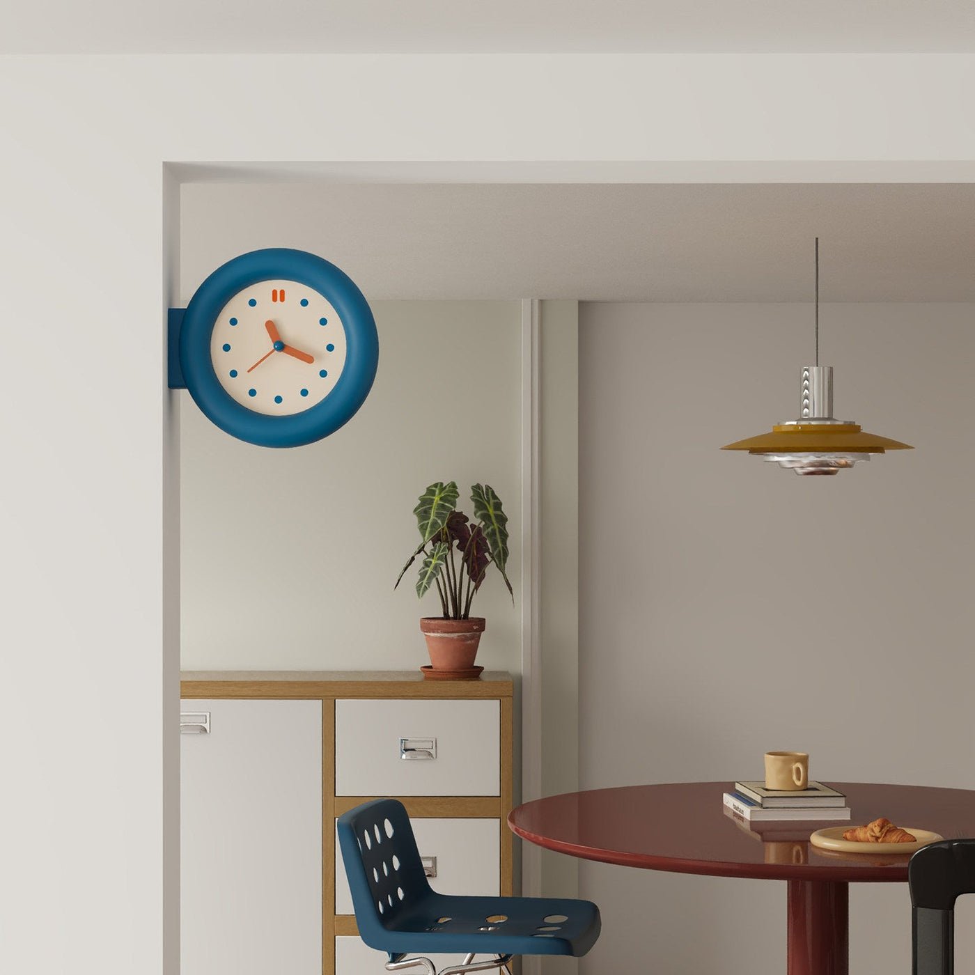 Double-sided round wall clock with bracket-mounted retro design