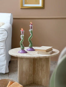 Iridescent glass taper candle holder with twisted stem in green and purple tones