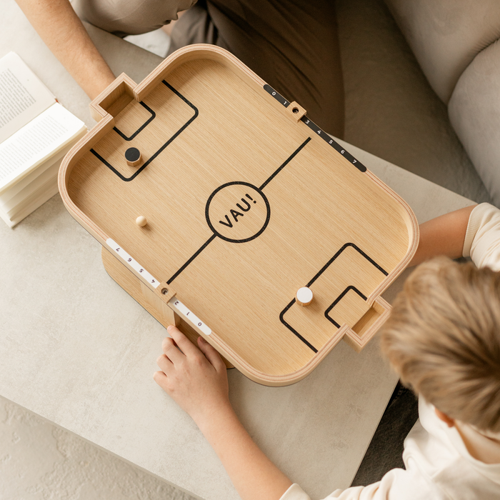 Magnetic wooden soccer board game for two-player tabletop play