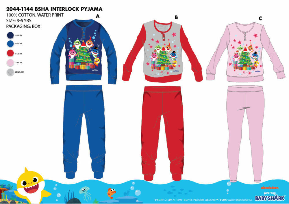 Világosrózsaszín Baby Shark gyerek flanel pizsama 116-os méretben
