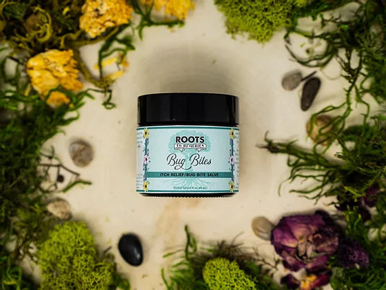 Bug bite itch relief salve in a 2 oz amber jar